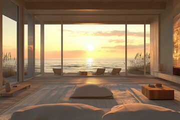 Luxury beach house interior with sunset and ocean view through glass doors. Use to illustrate relaxation, vacation, or a peaceful home design.