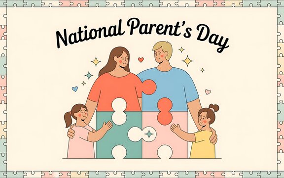 National Parents' Day Banner: Happy Child with Mom and Dad Balloons