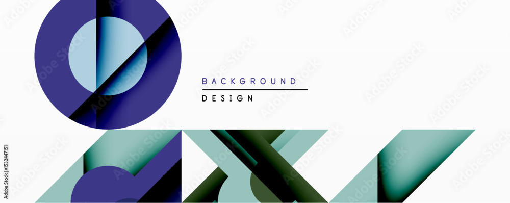 Poster abstract geometric shapes, blue hues dominate design. minimalist composition with overlapping layers