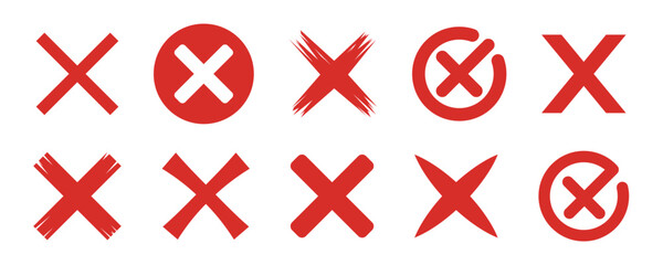 Fototapeta premium Red cross mark icons in various styles including circles, brush strokes, and rounded shapes.