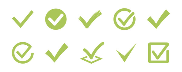Green check mark icons in various shapes and styles including circles, boxes, and brush strokes.