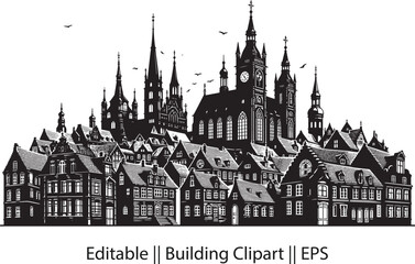 Historic European Village Silhouette – Church Spires & Clock Towers in Vintage Clipart Style