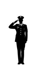 Silhouette of a military officer in uniform saluting against white background