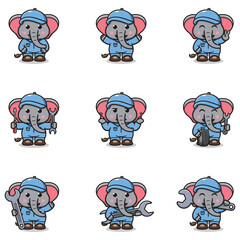 Vector Illustration of Elephant Mechanic Cartoon Character. Mechanic Character Vector Illustration. Elephant Character animal. Mechanic Mascot.