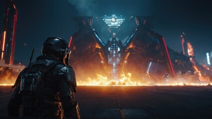 Soldier Stands Before Futuristic Structure Engulfed in Fire on a Dark Surface
