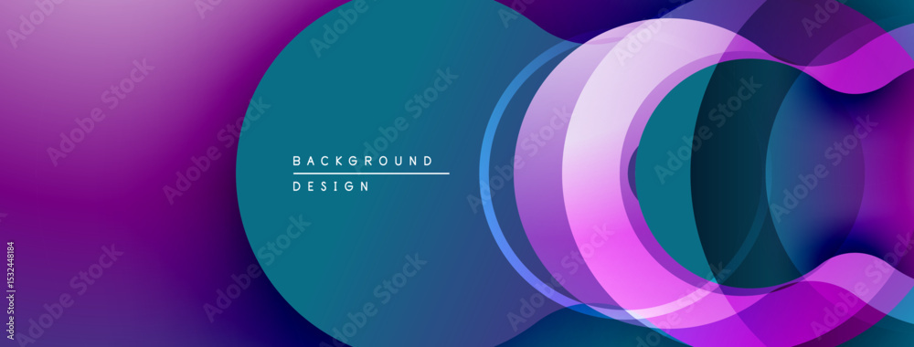 Poster Abstract design features overlapping circles, gradients. Purple, teal hues create modern visual effect. Minimalist style.