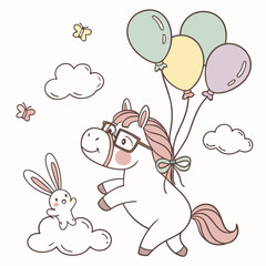 Vector illustration of a Playful Horse with wearing glasses, styled in a Soft pastel theme using Soft Pastel colors