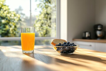 Healthy breakfast on wooden table: juice, blueberries, slice of bread. Depicts a nutritious and refreshing start to the day.