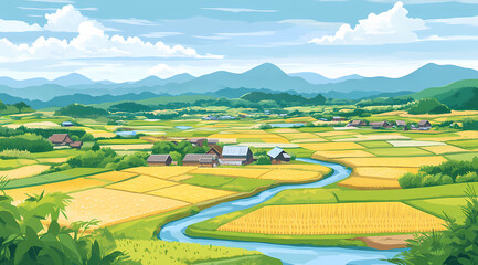 Rural Landscape with Lush Rice Paddies