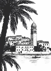 Coastal Town Sketch with Palm Trees