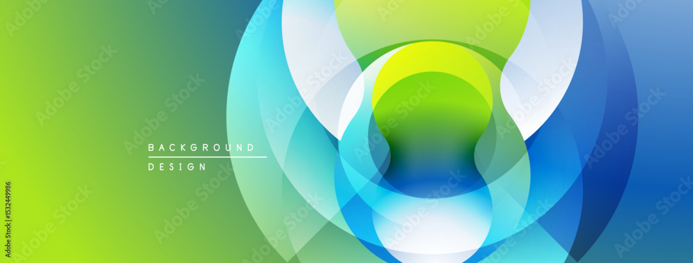 Poster abstract design features layered circles, vibrant colors. gradient blends green, blue, white creatin