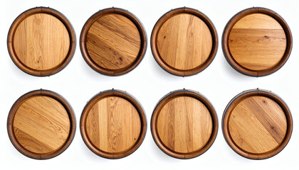 Wooden Barrels for Wine Beer or Whiskey Set Top View Realistic Oak Cask Illustration Isolated on White Background