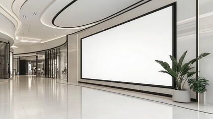 Bright interior with a blank billboard mockup on the wall in a modern shopping mall. This image is for advertisement placement, promotion, or branding design.