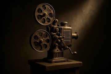 Vintage film projector illuminated in a dimly lit room evokes nostalgia for classic cinema experiences