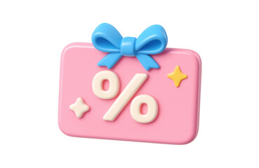 3D pink discount gift card with blue ribbon bow and white percent icon png,transparency,icon