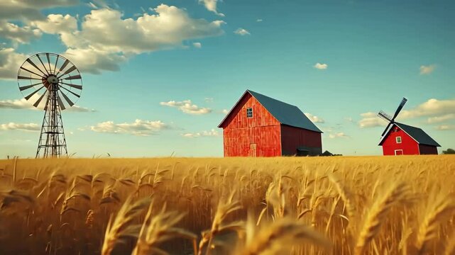 Picturesque red barn and windmill in golden wheat field under blue sky.  Agriculture, rural landscape, farm, windmill, and harvest.