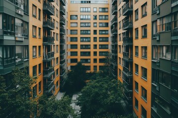 Urban buildings view showing the facade of many apartments. Good for urban planning or for showcasing residential spaces.