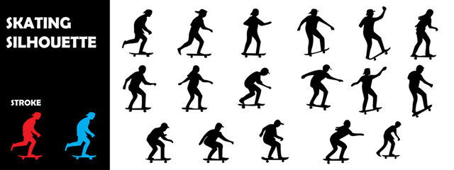 Naklejka premium Skating Silhouette Vector Set – Rollerblading and Ice Skating Action Moments