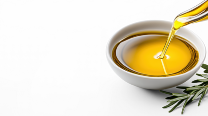 Olive oil pour into bowl with rosemary on clear background
