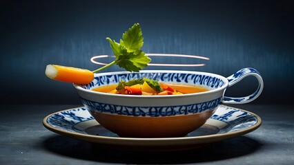 Elegant cup of vibrant vegetable soup with carrot garnish on saucer