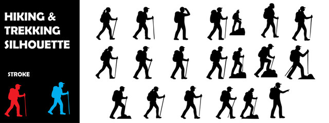 Hiking and Trekking Silhouette Vector Set – Mountain Climbing and Trail Exploration