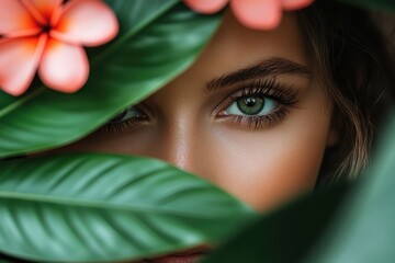 Close up of a woman's face with green eyes behind green leaves and pink flower. Use for beauty product, skincare, or nature related advertising projects.