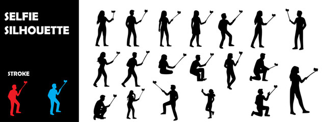 Selfie Silhouette Vector Set – People Taking Selfies and Mobile Photography Moments