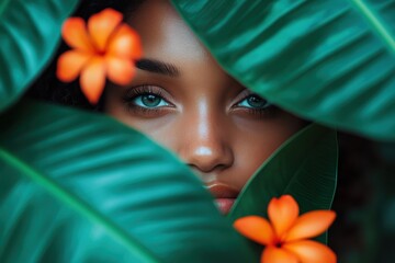 Close-up of a woman's face framed by lush green leaves and vibrant orange flowers. Use for beauty, nature, wellness, or spa promotions and creative projects.