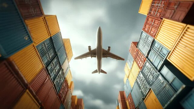 3D render of airplane flying over colorful cargo boxes and containers in a floating arrangement