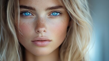Blonde woman with freckles and piercing blue eyes looks directly at the camera. Ideal for beauty, fashion, or cosmetic product advertising and branding.
