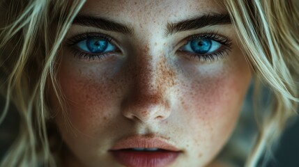 Close up of fair skin woman with freckles and striking blue eyes. For natural beauty, skincare, and eye health product marketing needs.