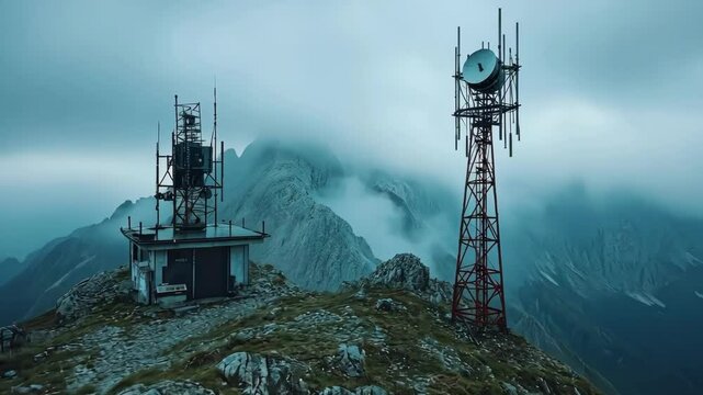 Radio communication towers on mountain peak against cloudy sky, telecommunications infrastructure.
