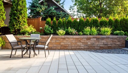 Obraz premium Backyard decoration with green plants, chairs, and home garden relaxation 