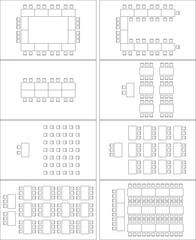 Seat plan, theater, restaurant, seminar, school, conference, wedding, reception, banquet, top view, chair and table, architectural plan with blueprint, customizable stroke, vector, illustration