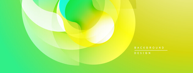 Abstract vibrant background. Overlapping translucent circles create dynamic flow, gradients shift from green to yellow. Modern design element.
