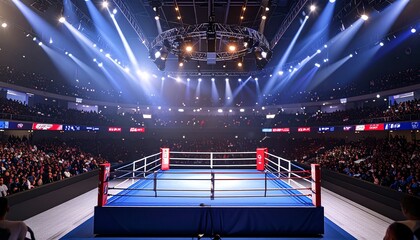 Empty boxing ring in large arena lit by spotlights with packed audience &ndash; premium AI-generated image