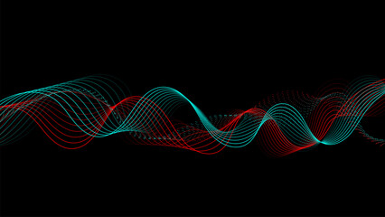 Modern Red and Blue Teal Wave Lines on Black Background. Abstract Business Wallpaper. Futuristic. Technology. Bg. Vector Illustration