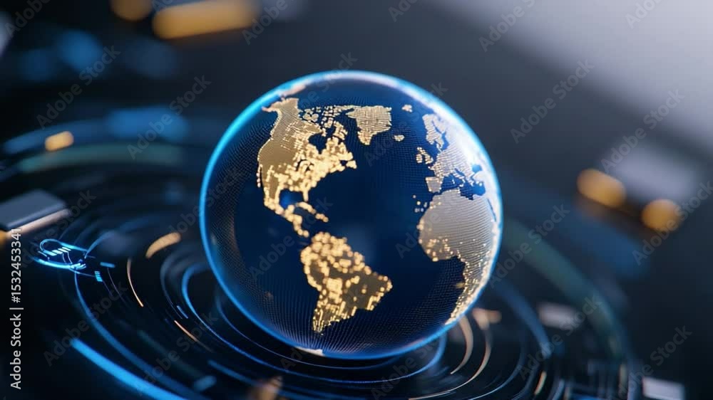 Poster global network: a futuristic depiction of earth, rendered as a glass globe, subtly rotating on a dar