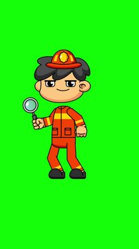 Firefighter Character Searching with Magnifying Glass, 4K Cartoon Loop Animation