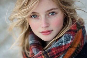 Close-up of a beautiful young woman with blue eyes and a tartan scarf. Perfect for health, beauty, or fashion-related projects and websites.