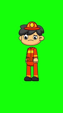 Firefighter Character Thinking Animation, Cartoon Pose with Greenscreen Background