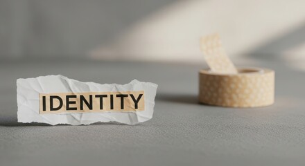 A crumpled paper with the word 'IDENTITY' printed on it, placed next to a roll of decorative tape on a gray surface.