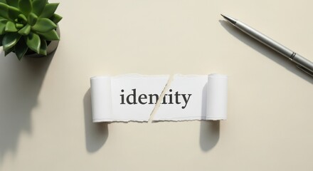 Torn paper with the word identity on a beige surface, next to a green plant and a silver pen, symbolizing identity concepts.