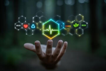 Futuristic eco-healthcare interface glowing over human hand in forest background, ideal for sustainability campaigns, environmental health, or green tech presentations