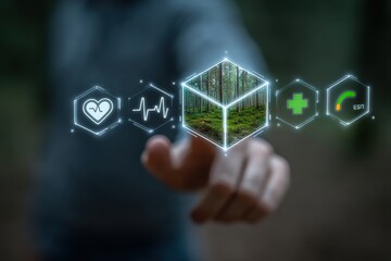 Futuristic eco-healthcare interface glowing over human hand in forest background, ideal for sustainability campaigns, environmental health, or green tech presentations