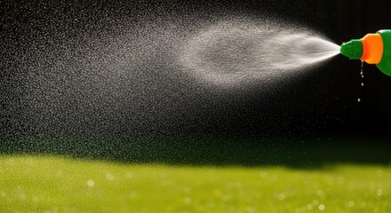 A close-up of a spray bottle releasing a fine mist of water onto a green lawn. The nozzle is brightly colored with orange and green accents.