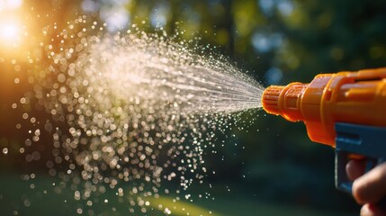A close-up of a colorful water gun spraying water droplets in a sunny outdoor setting. The background features blurred greenery and sunlight.