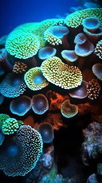 Macro image of vivid orange zoanthid coral polyps in a reef aquarium environment, showcasing underwater marine life