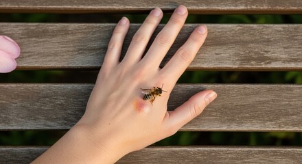A close-up of a human hand with a bee resting on it. The hand is placed on a wooden surface, surrounded by greenery and a flower.