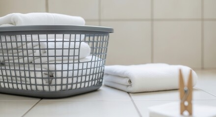 A gray laundry basket filled with white towels sits on tiled flooring. A folded towel and a clothespin are nearby, creating a clean and organized laundry scene.